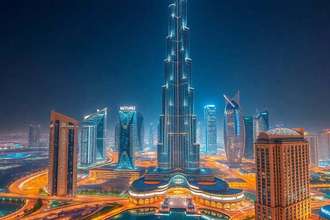 Der Burj Khalifa nachts vor der erleuchteten Skyline Dubais und der luxuriösen Stadtkulisse in Downtown Dubai