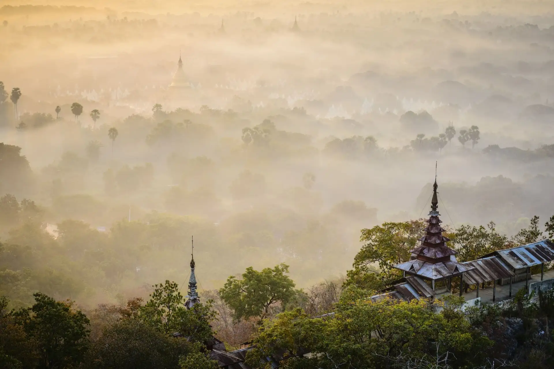 Neblige Tempellandschaft in Nordthailand, deren Pagoden sich im Morgengrauen über dem Dschungel erheben